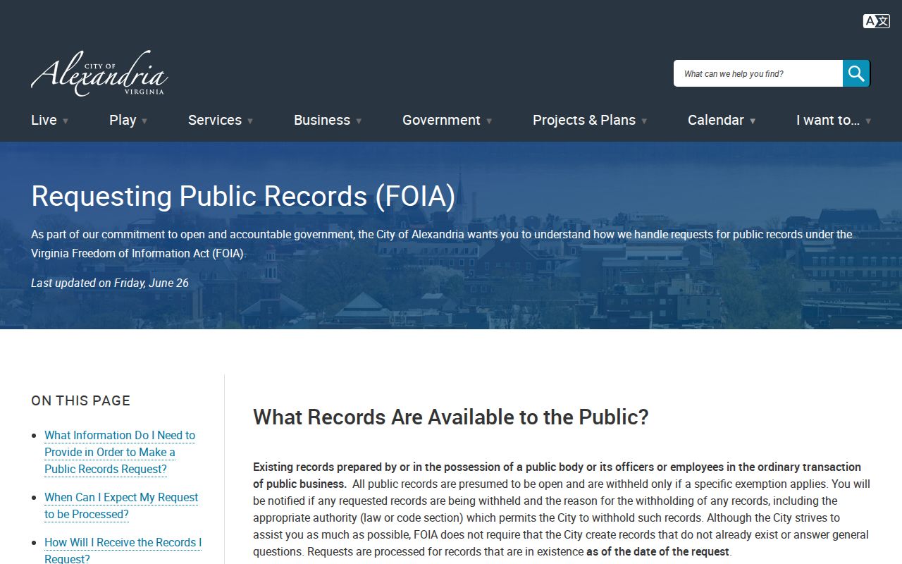 Alexandria arrest and booking records VFOIA request page