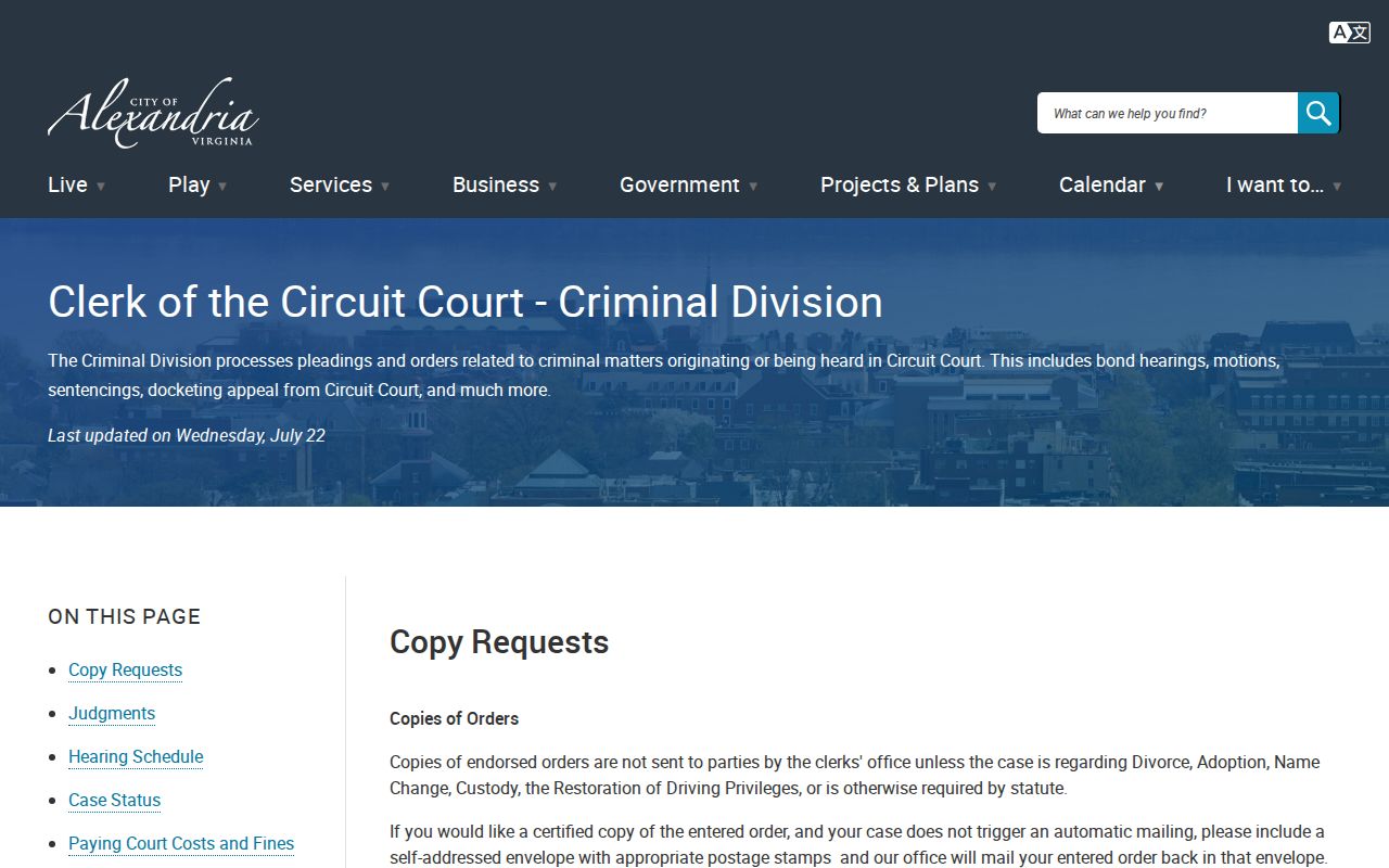Alexandria criminal court case file and Circuit Criminal Division page