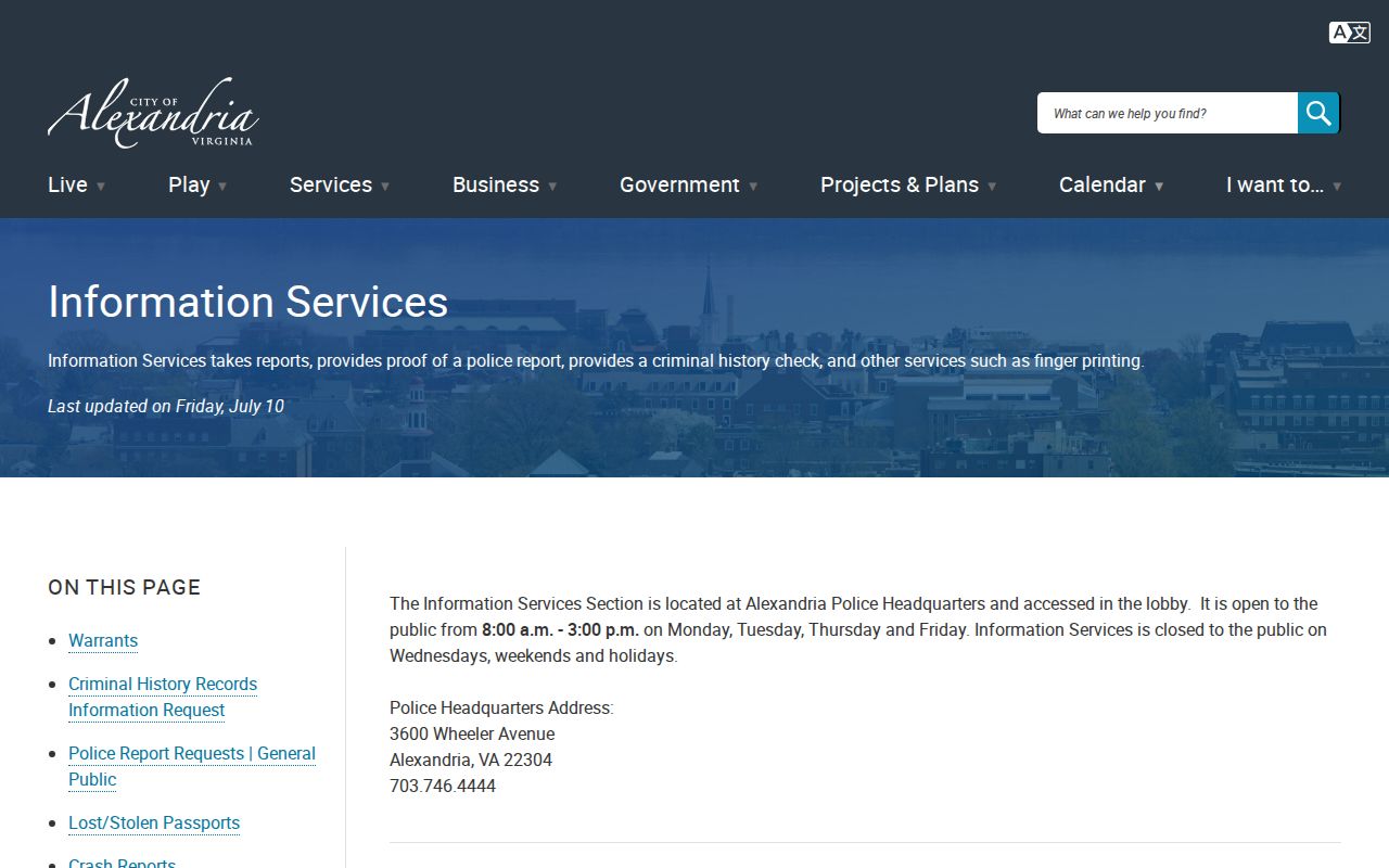 Alexandria criminal history instructions from APD Information Services