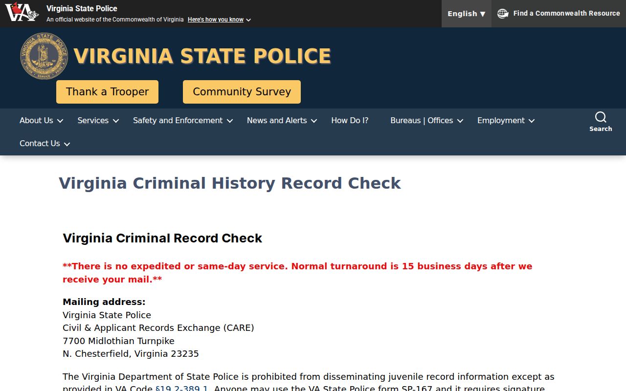 Alexandria criminal history official VSP background check process