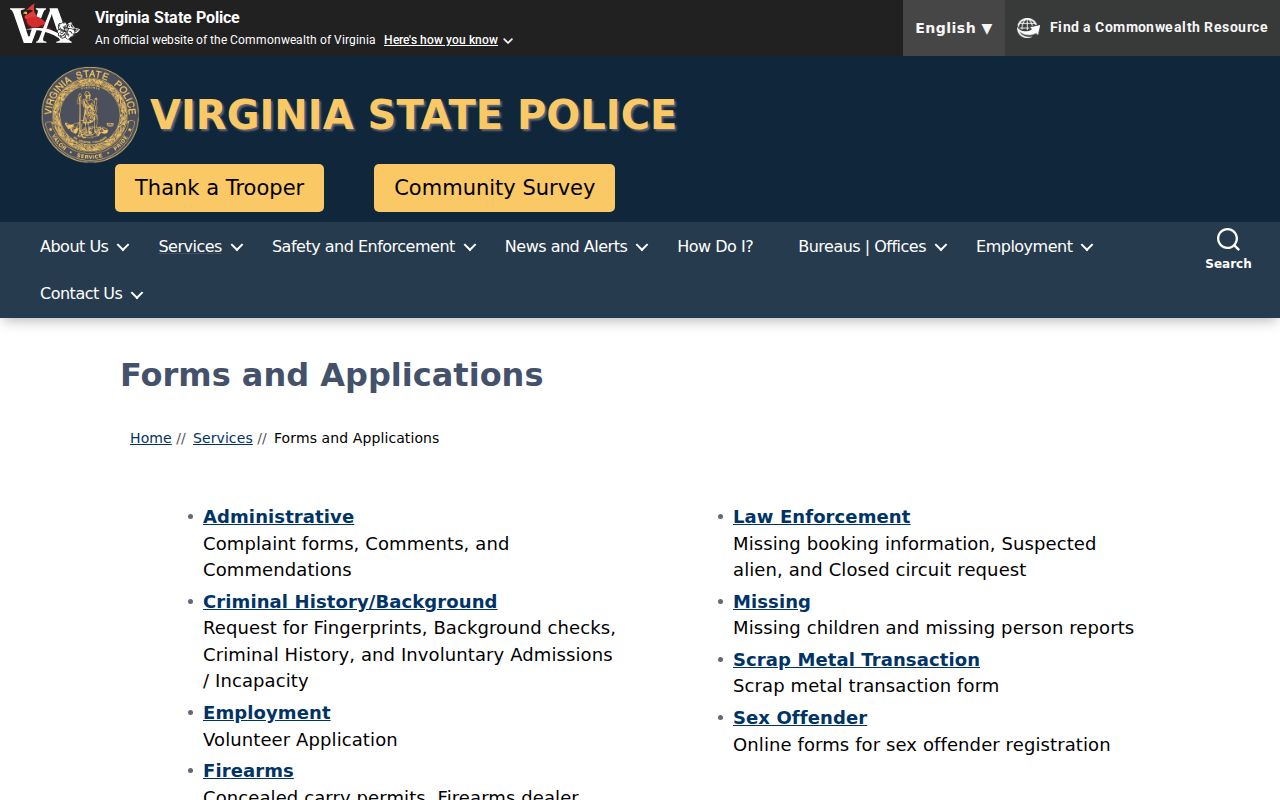 Alexandria criminal history SP-167 forms at Virginia State Police